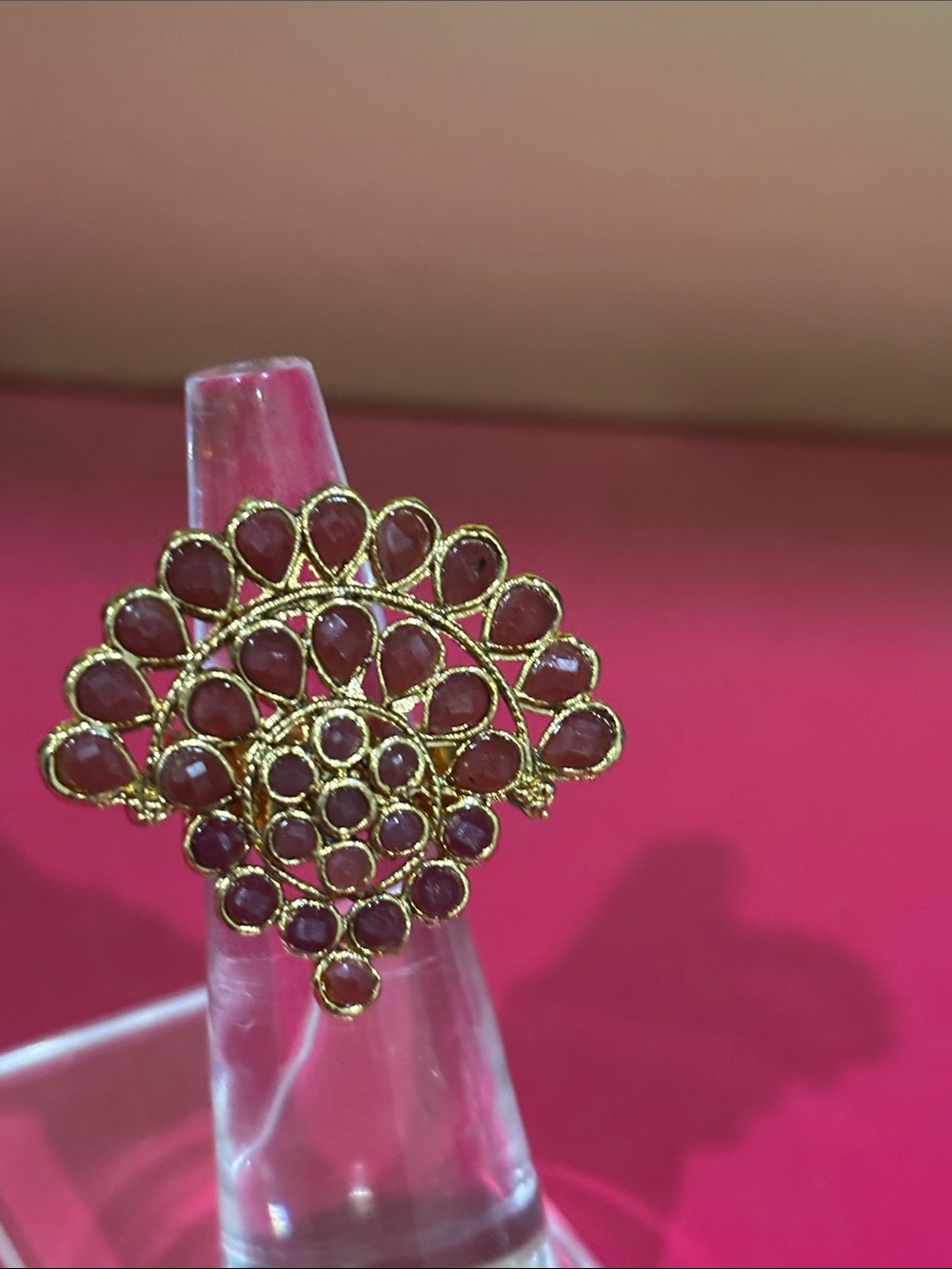 Gold-Tone Floral Cluster Ring with Deep Red Stones